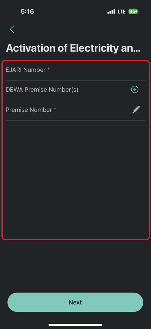 Step 6: Put your Ejari Number and DEWA Permise Number(s) in the given feild and follow the further instructions.